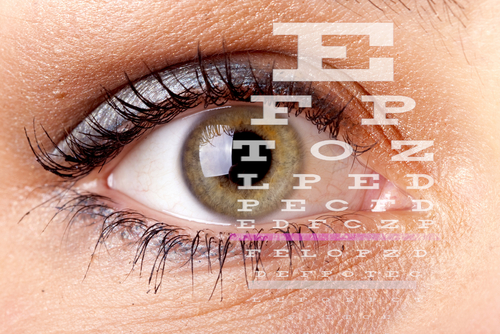 Close up of eye with eye chart overlay