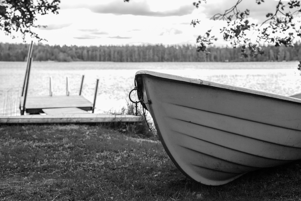 Black and white photo of rowboat