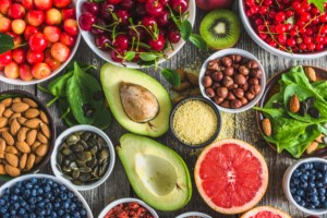 A collection of healthy fruit, nuts and vegetables